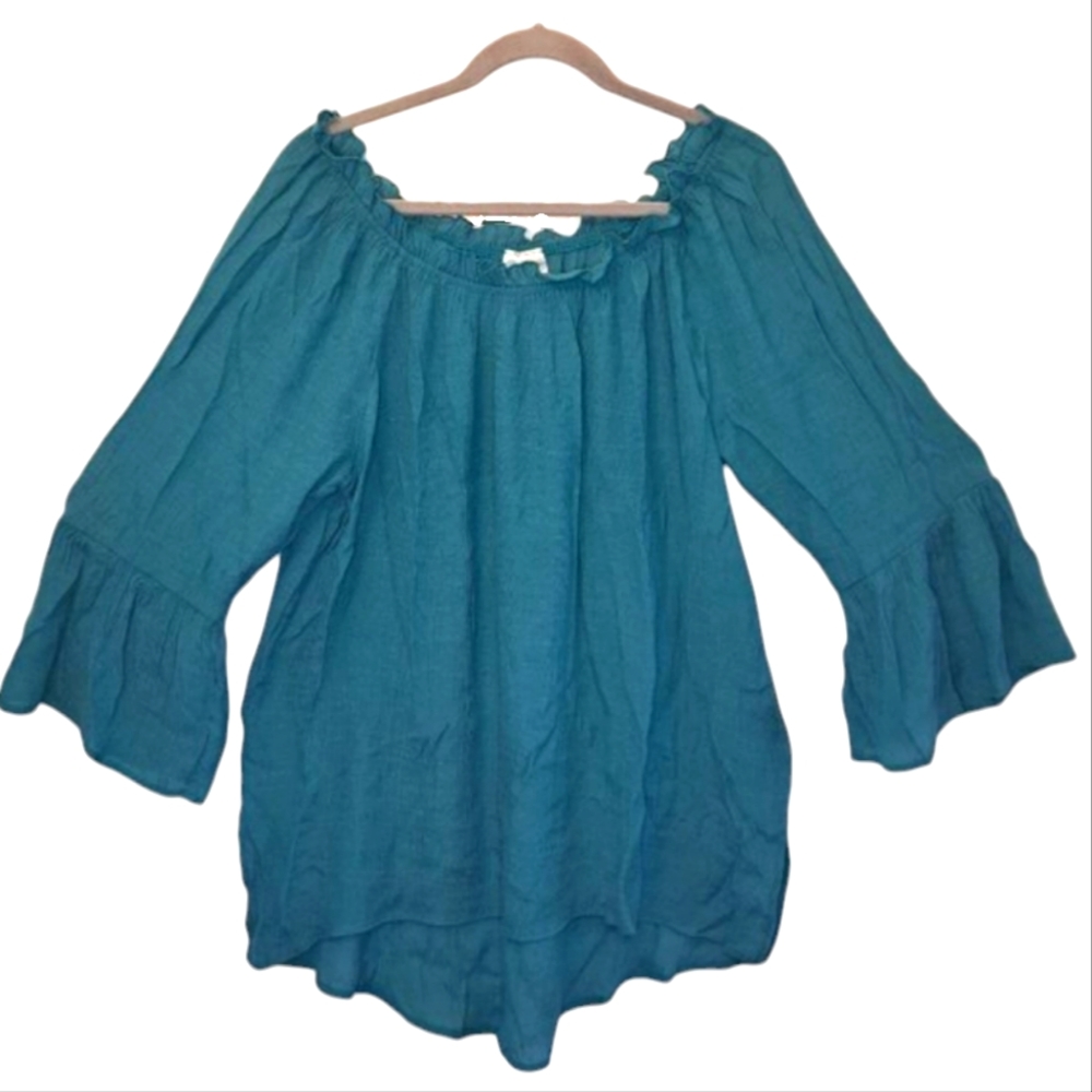 Forgotten Grace Teal Blue Off Shoulder Flowy High Low Blouse Plus Size XXL